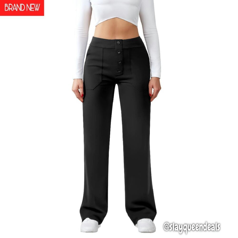 High Waist Straight Leg Work Pants Stretchy Button Pocket Trousers